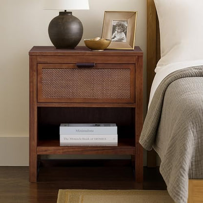 Teamson Home Hatteras 20" W Nightstand with 1 Deep Drawer and Open Shelf Storage in Coastal Modern Style, Ball Bearing Glides, Pine Wood Frames and MDF with Rattan, Walnut Finish | 1 Deep Drawer, Open Shelf Storage, Coastal Modern Style, Ball Bearing Glid