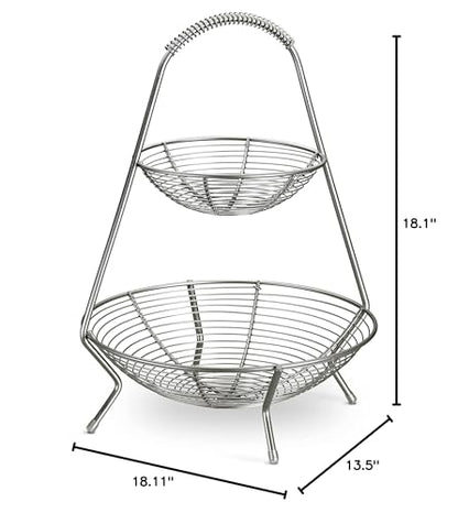 Tramontina 2-Tier Stainless Steel Fruit Basket, Countertop Storage Organizer for Fruits, Vegetables, Bananas & More