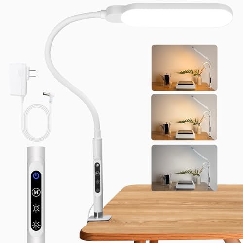 BQAN LED Desk Lamp with Clamp 15W Eye-Caring Clip on Light for Home White | 5 Modes & 9 Brightness | Adjustable Gooseneck | Touch Dimmer | Clamp Desk Design | For Reading, Study, Nail Art, Work - color: White