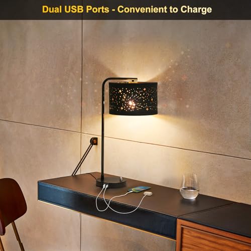 Bedside Table Lamp with USB C+A Ports, Fully Dimmable Modern Nightstand Side Lamps with Stars Shade, Tall Desk Reading Lamps for Living Room Bedroom 3000k LED Bulb Included - color: Black Base with Stars Shade