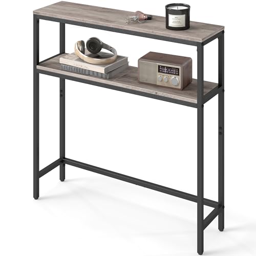 VASAGLE Console Table, 2-Tier Narrow Sofa Table with 2 Shelves, 7.9 x 31.5 x 31.5 Inches, for Living Room, Hallway, Entryway, Heather Greige and Ink Black ULNT130K02V1 - color: Heather Greige + Ink Black, size: 31.5"W - Without Power Outlet