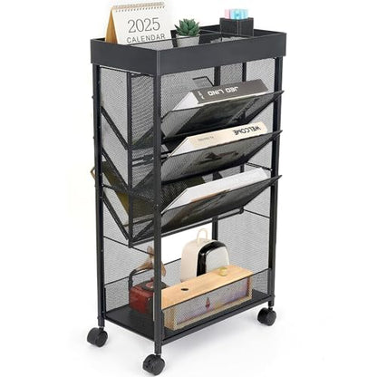 gianotter Book Rack Storage Bookshelf, 5 Tier Book Carts with Wheels, Rolling Cart Organizer for Study Office Kitchen Classroom