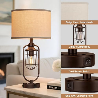 Table Lamps for Living Room Set of 2, Farmhouse Lamps for Night Stands, Industrial Bedside Lamps for Bedroom Nightstand with USB A+C, Bulbs Included - color: Oil-Rubbed Bronze