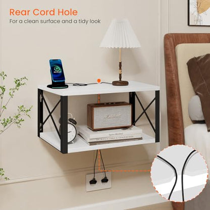 Homode Floating Night Stand, Modern Bedside Shelf Wall Mount, Wood Hanging Nightstand with Wire Hole, Floating Side Table for Bedroom Bathroom Living Room Small Places, White - color: White