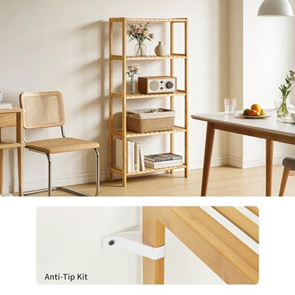 IDEALHOUSE Bamboo Storage Shelf, 5-Tier Freestanding Bathroom Organizer, Narrow Corner Shelving Unit for Entryway, Bathroom, Living Room, Balcony, Kitchen, Natural Bamboo, Widen-Wood
