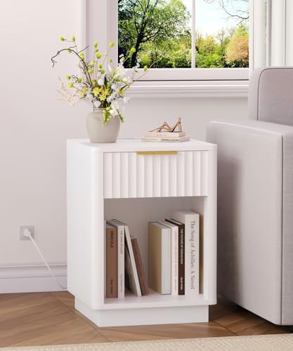 Akxomel Fluted Nightstand, Wooden Night Stand with Charging Station and LED Light, Modern Mid Century End Table with Drawer, 15" D x 15.7" W x 22.6" H, for Bedroom, White - color: White
