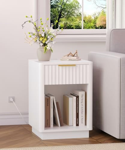 Akxomel Fluted Nightstand, Wooden Night Stand with Charging Station and LED Light, Modern Mid Century End Table with Drawer, 15" D x 15.7" W x 22.6" H, for Bedroom, White - color: White