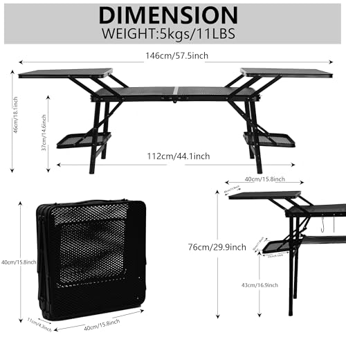 Nice C Camping Metal Table, Compact Outdoor Folding Tailgate Grill Table | Lightweight Fold-Up, 4 Side Tables, Mesh Net, BBQ, Camping, Picnic