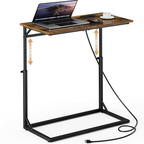 Vagusicc C Shaped End Table with Charging Station, Large C-Table End Table Adjustable Height Side Table for Couch, Couch Table Slide Under Sofa Table TV Tray Table for Sofa, Living Room, Bedroom,Brown - color: Rustic Brown, style: With Plug