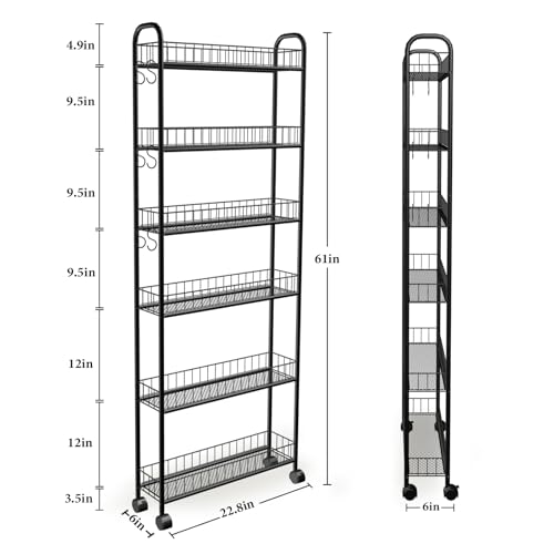 6in 6 Tier Slim Storage Cart with Wheels, Narrow Space Rolling Shelving Unit, Metal Wire Mobile Organizer Rack for Kitchen Bathroom Office Laundry - size: 6in Black Cart