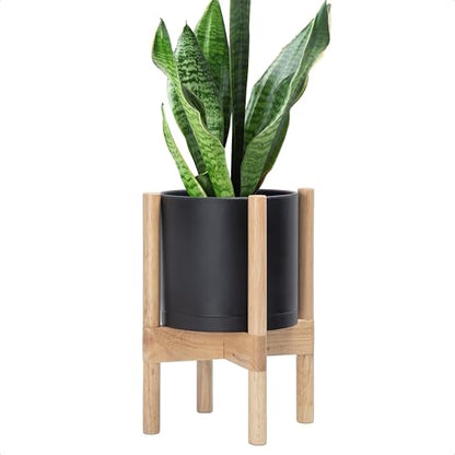D'vine Dev Plastic Pot with Natural Wood Stand, Black, 8 in, 55-C-J-2 | Mid-Century Inspired Design, Elevated Plant Display, Clean Lines, Sturdy Support, Modern Space-Saving Style - color: Matte Black Pot + Natural Stand, size: 8 Inch