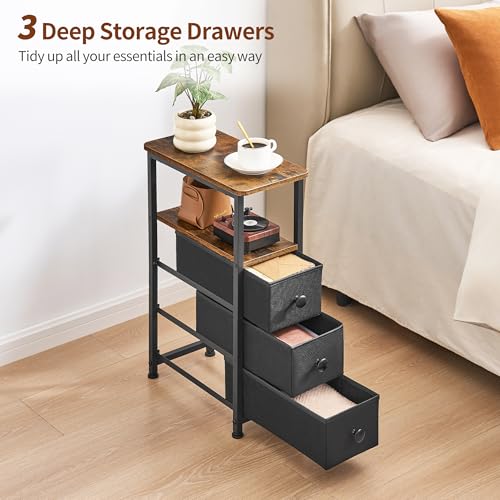 End Table, Narrow Side Table with 3 Fabric Drawers, Slim Nightstand, Small Bedside Table with Storage, Living Room, Bedroom, Rustic Brown HKET1300BR - color: Rustic Brown, size: 7.9" W x 15.7" D, style: No Power