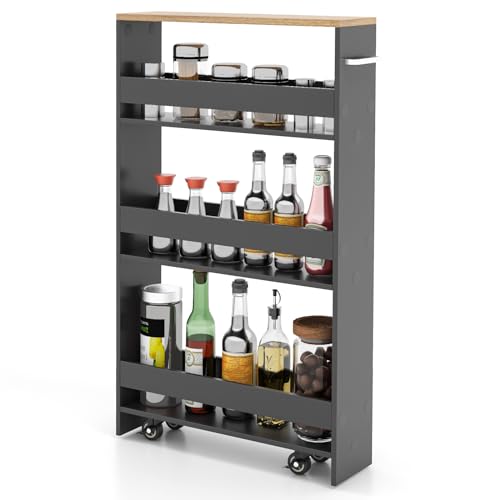 LOKO Slim Storage Cart, 4-Tier Rolling Cart with Handle & Wooden Top for Kitchen Bathroom Laundry Living Room Narrow Small Spaces, 5 Inches Width (Grey & Natural) - color: Grey & Natural