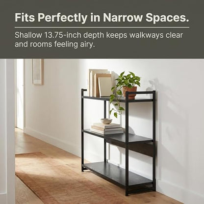 Household Essentials Jamestown Wide 3 Shelf Open Storage Bookshelf Black Oak Wood Grain and Black Metal - color: Black Oak