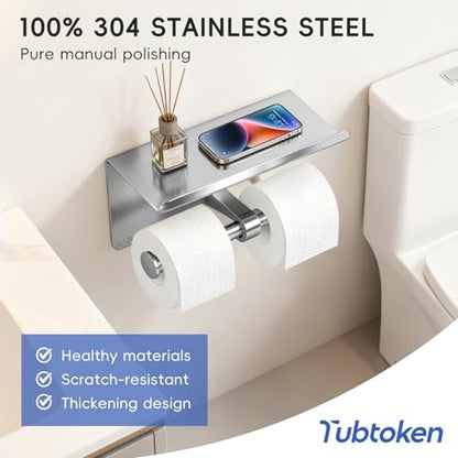 2 Pack Double Toilet Paper Holder with Shelf, Wall Mount Tissue Roll Holder for Bathroom, Heavy Duty 304 Stainless Steel Commercial Toilet Paper Dispenser with Phone Shelf - Brushed Nickel