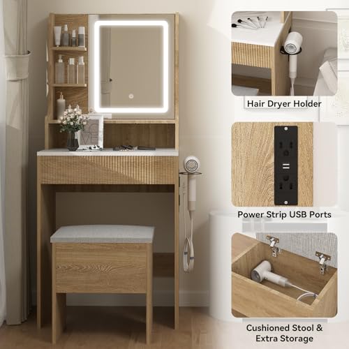 YOURLITE 24" Fluted Makeup Vanity Desk with LED Mirror and Stool | Small Vanity Table Set, 3 Lighting Modes, Charging Station, Hairdryer Holder, Cushioned Stool - size: 27.5", style: Wooden