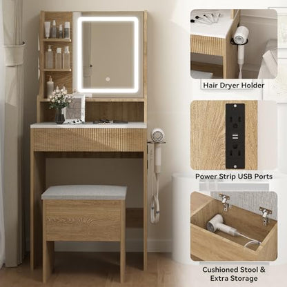 YOURLITE 24" Fluted Makeup Vanity Desk with LED Mirror and Stool | Small Vanity Table Set, 3 Lighting Modes, Charging Station, Hairdryer Holder, Cushioned Stool - size: 27.5", style: Wooden