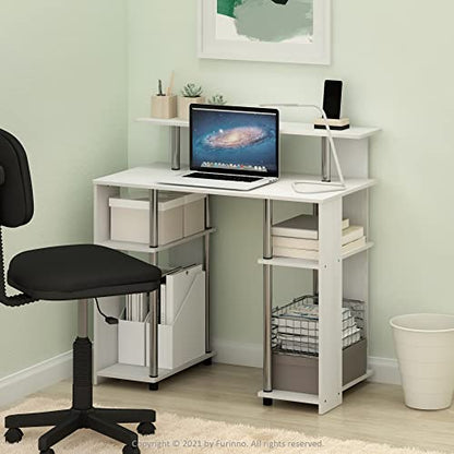 Furinno Jaya Simple Design Computer Writing Desk, White Oak/Stainless Steel | Raised Hutch and Open Shelf, Simple Design Computer Writing Desk, Office Desk for Home Office, Bedroom - color: White Oak/Stainless Steel