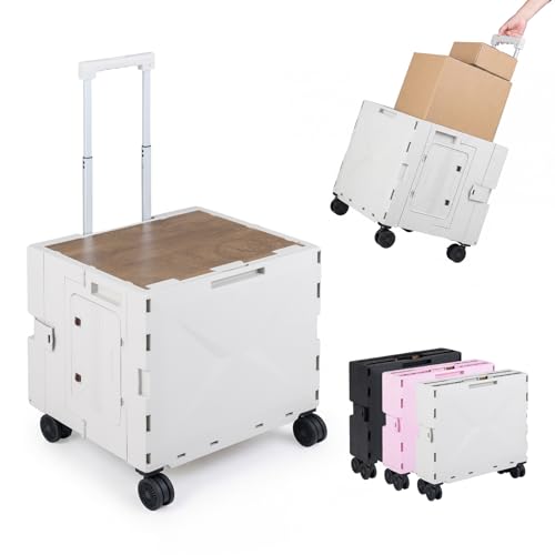Goplus Foldable Utility Cart, Portable Rolling Crate Handcart with 4 Rotate Wheels, Telescoping Handle, Lid & Cup Holder for Travel, Shopping, Luggage, Grocery, Office & Teacher (White) - color: White, size: 17"x 20"x 20"