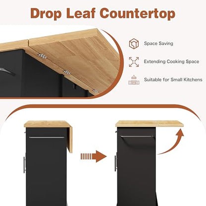JY QAQA 42" Kitchen Island with Storage on Wheels, Rolling Table with Drop Leaf, Drawers, Cart Handle for Towel Rack or Free Movement, Black - color: Black