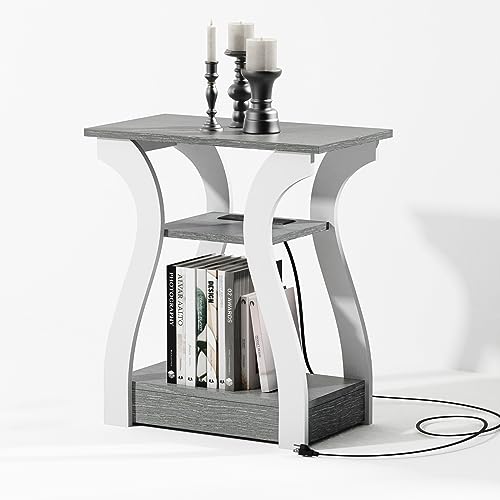 FROMJBEST End Tables Living Room, Grey End Table with Charging Station | Side Table Living Room, with USB Ports and Outlets, Nightstand for Bedroom, 3-Tier Storage Shelf, Bedside Table - color: Grey