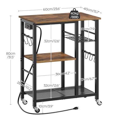 YATINEY Movable Bakers Rack, Microwave Stand with Charging Station, Kitchen Storage Rack with Hooks and Basket, Casters and Adjustable Feet, for Small Space, Kitchen, Dining Room, Rustic Brown HB04UBR - color: Rustic Brown + Black