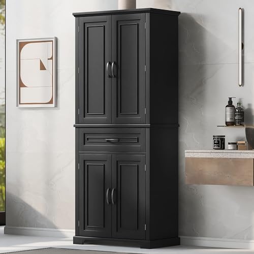 72.2''H Bathroom Floor Cabinet with Storage Freestanding Storage Organizer Unit with 4 Doors Drawer and Door Shelves Tall Wooden Accent Cabinet with Adjustable Shelf for Bathroom Dining Room, Black - color: Black, size: 15.7"D x 29.9"W x 72.2"H