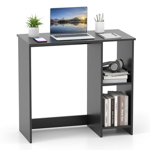 Giantex Small Desk with Storage, 31.5 Inch Home Office Computer Desk with Shelves, Space Saving Study Writing Desk, Modern Simple Laptop Desk for Small Spaces (Black) - color: Black