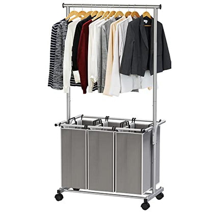 Simple Houseware 3 Bags Laundry Sorter with Extensible Clothes Hanging Rod - color: Silver