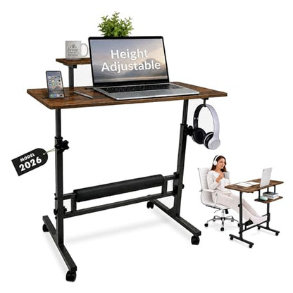 Small Rolling Desk with Wheels, Adjustable Height 27"-43.3" Portable Standing Desk, 31.5"x15.7" Tabletop, Mobile Laptop Computer Table for Home Office Workstation, Rustic Brown - color: Rustic Brown