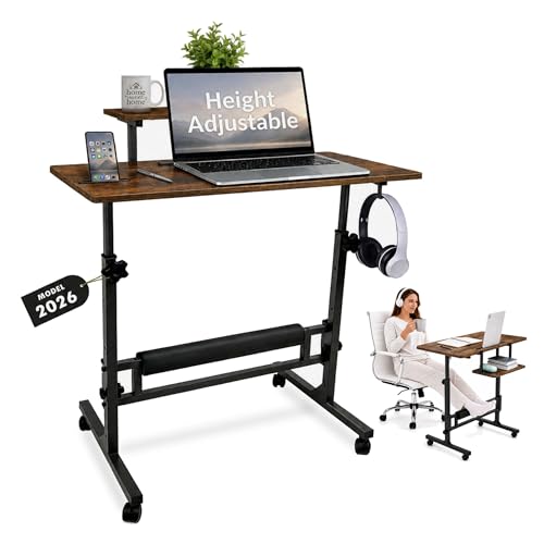 Small Rolling Desk with Wheels, Adjustable Height 27"-43.3" Portable Standing Desk, 31.5"x15.7" Tabletop, Mobile Laptop Computer Table for Home Office Workstation, Rustic Brown - color: Rustic Brown