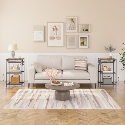 HOOBRO Tall Side Table with Charging Station, Industrial Telephone End Table with Pull-Out Metal Storage Drawer, Tall Slim Nightstand for Living Room, Bedroom, Office, Rustic Brown BF06UDH01
