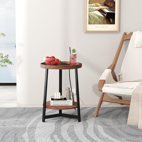 Round Industrial Side Table with Charging Station,2-Tier Round End Table with USB Port & Power Outlet, Nightstand with Metal Frame for Small Spaces, Living Room, Bedroom, Cherry - color: Cherry, style: With Charging Station