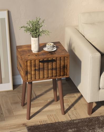 YMYNY Fluted Nightstand Set of 2, Small End Table, Modern Coffee Table with Drawer, Solid Wood Legs, Retaining Chain, 13.8" x 10.6" x 20.9", for Bedroom and Small Spaces, Rustic Brown UHST014H-2 - color: Rustic Brown