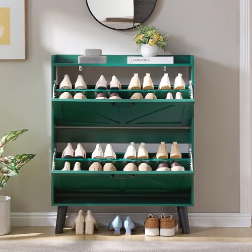 LEYAOYAO Shoe Cabinet Storage for Entryway with 2 Flip Drawers | Rack Narrow Organizer Slim Hidden Wood Shoe Cabinet Furniture - color: Green