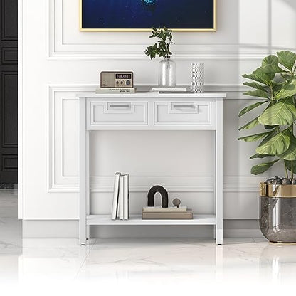 GOFLAME Console Table with 2 Drawers, 31” Entry Table with Storage Shelf, Modern, Narrow Sofa Table for Living Room, Hallway, Entrance (White)