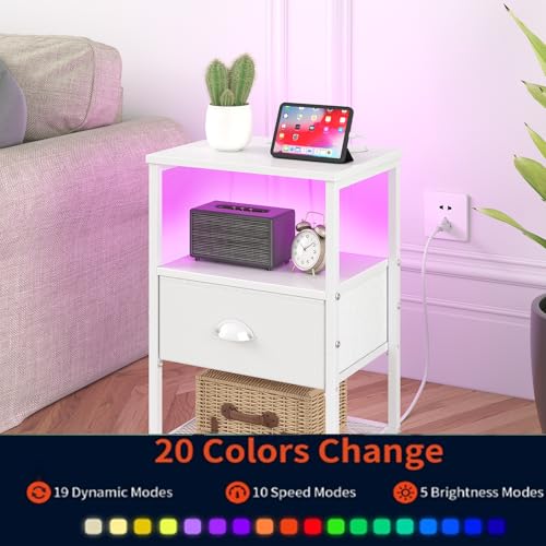 sthmec Nightstands Set of 2, LED Night Stands with Charging Station and Fabric Drawer, Bedside Tables with Drawers, 2- Tier LED Side Table End Table Charging Station Bedroom, White - color: White, style: Power & LED