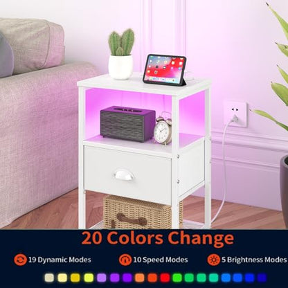 sthmec Nightstands Set of 2, LED Night Stands with Charging Station and Fabric Drawer, Bedside Tables with Drawers, 2- Tier LED Side Table End Table Charging Station Bedroom, White - color: White, style: Power & LED
