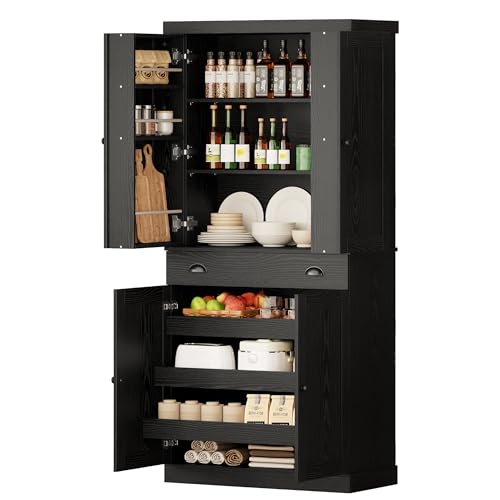 IRONCK Kitchen Pantry Cabinet 72" Height, Freestanding Cupboard with Drawer, Sliding Storage Rack, and 6 Hanging Shelves for Dining Room, Laundry, Living Room, Black - color: Black