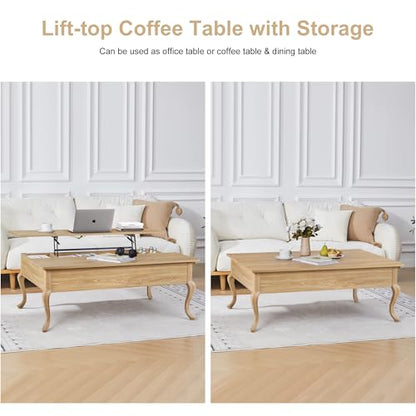 Lift Top Coffee Table, Farmhouse Coffee Table with Hidden Storage, Wood Center Table Dining Table for Living Room, Apartment, Home Office (Natural)