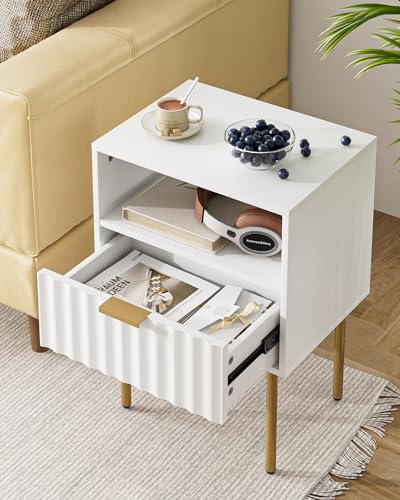Night Stand,Modern Bedside Table with Drawer and Shelf,White Night Stand with Gold Frame,Small Side Table for Bedroom,Living Room - color: White