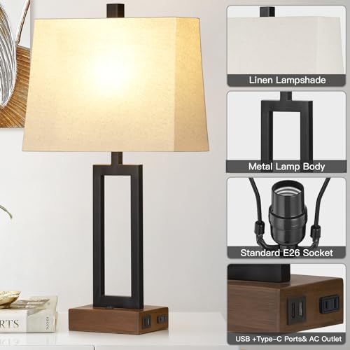 Rinweey 23.5" Table Lamps Set of 2, Modern Black Bedside Lamps with 2 USB Ports & AC Outlet, Contemporary Nightstand Lamps with Wood Base for Bedroom Living Room(LED Bulb Included) - color: Black