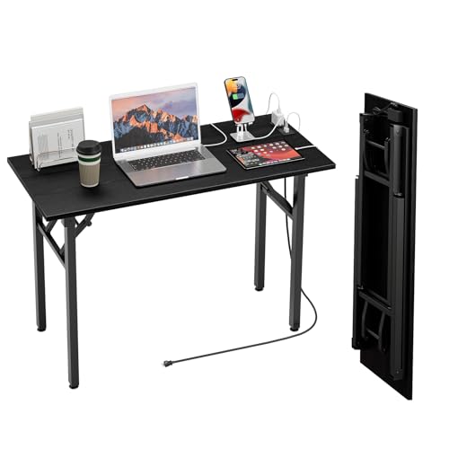 TEMI Small Computer Desk Folding Table - No Assembly, Compact 44.3" Foldable Desk with Power Outlets & USB Charging Port, Portable Small Office Desk, Ideal Mini Study Table, Dark Oak - color: Dark Oak, size: 43.3 Inch, style: With Power Outlets