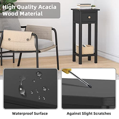 Giantex Tall End Table Set of 2, Narrow Side Table with Drawer and Shelf, Acacia Wood Nightstand for Living Room, 2-Tier Bedside Table for Small Space, No Assembly, Black - color: Black