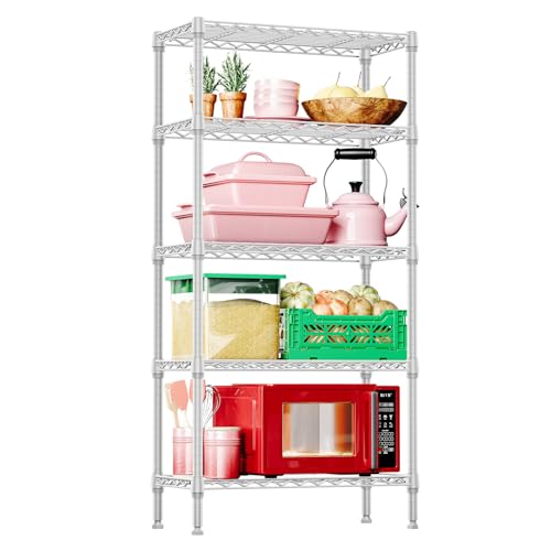 IZEUK 5 Tier White Metal Storage Shelves, Heavy Duty Wire Shelving Rack for Garage, Kitchen, Bathroom, Laundry, or Closet Organization, 1250 lbs Capacity, 11.8" D x 29.5" W x 59.5" H - color: White, size: 5 Tier, 11.8" D x 29.5" W x 59.5" H