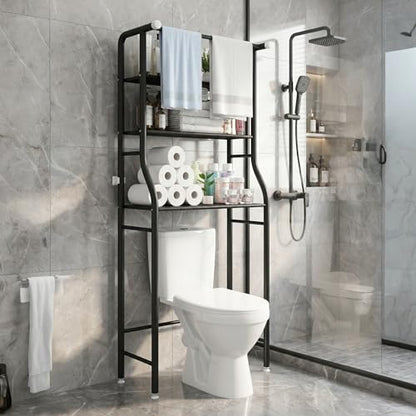 UDEAR 3-Tier Over The Toilet Rack,Bathroom Shelf Space Saver,Corner Stand Storage Organizer Accessories,the Washing Machine,with Hanging Rod,Tower Shelf,Black