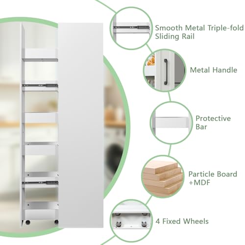 6-Tier Slim Rolling Cart, White | Wooden Spice Rack on Wheels, Mobile Storage Shelving Unit, For Kitchen, Bathroom & Laundry, Narrow Pull-Out Pantry Organizer