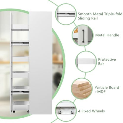 6-Tier Slim Rolling Cart, White | Wooden Spice Rack on Wheels, Mobile Storage Shelving Unit, For Kitchen, Bathroom & Laundry, Narrow Pull-Out Pantry Organizer