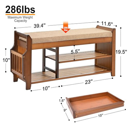 PETKABOO Shoe Bench with Hidden Drawer and Side Holder, 2 Tier Entryway Bench with Storage 39.4 in, Bamboo Shoe Rack with Cushion for Entryway Hallway Living Room Bedroom - size: 39.4 in