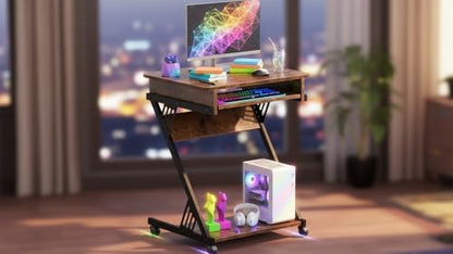 Zenira 24-Inch Small Computer Desk, 30-Inch Tall with Drawers, Corner Desk with Wheels for Gaming, Bedroom, Home, Office - Brown